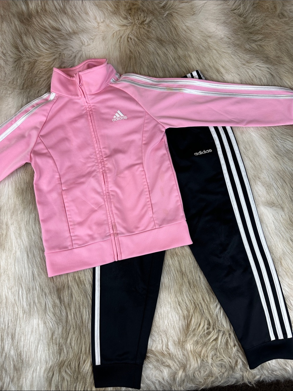 Adidas Girls Size 6 Pink Black 3 Stripe Track Jacket Pants Set